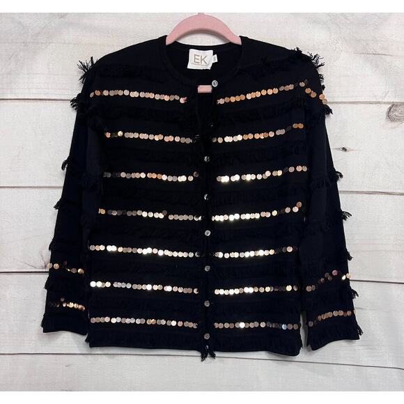 EK Edinburch Knitwear Size XS Black Button Up Cardigan Fray and Gold Detailing - Picture 1 of 8